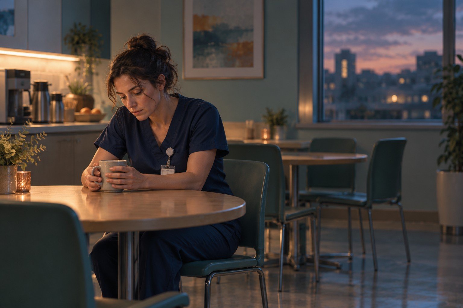 A tired nurse taking a quiet break in a hospital staff room