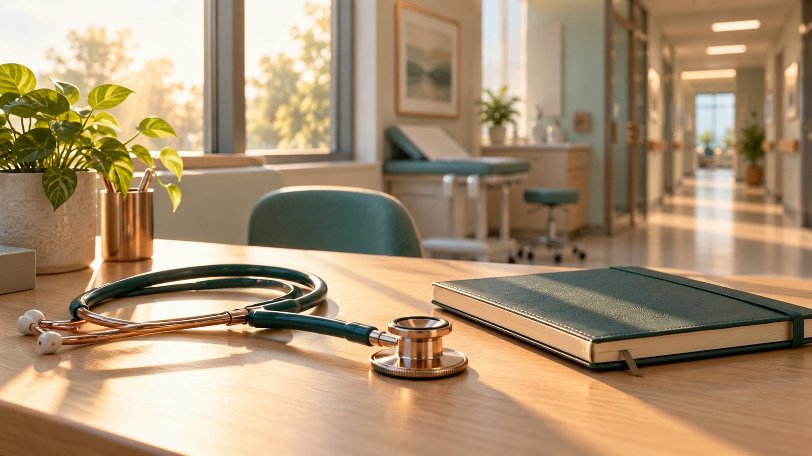 Stethoscope and notebook in a sunlit healthcare consultation room