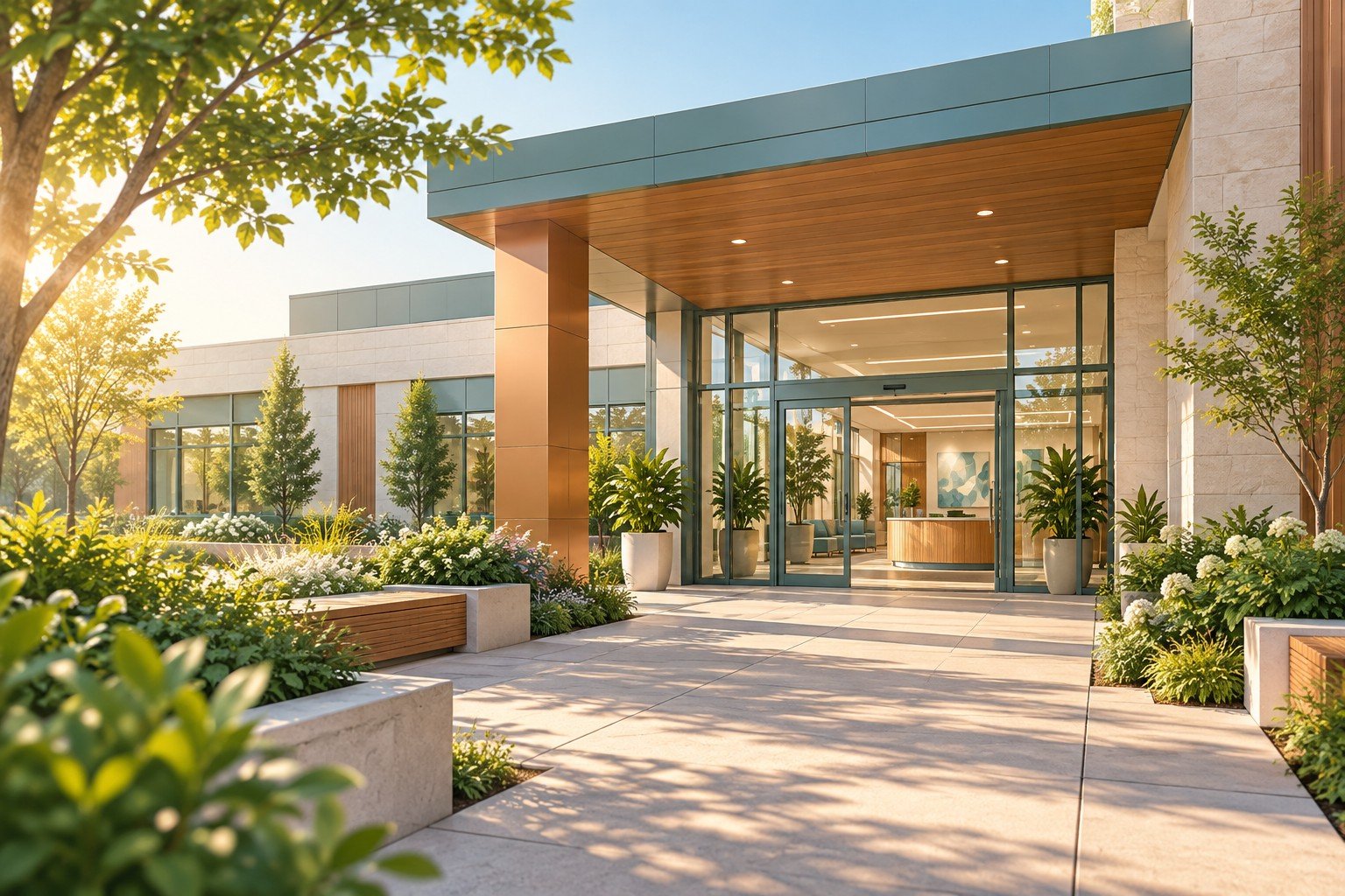 A welcoming modern clinic entrance in morning light