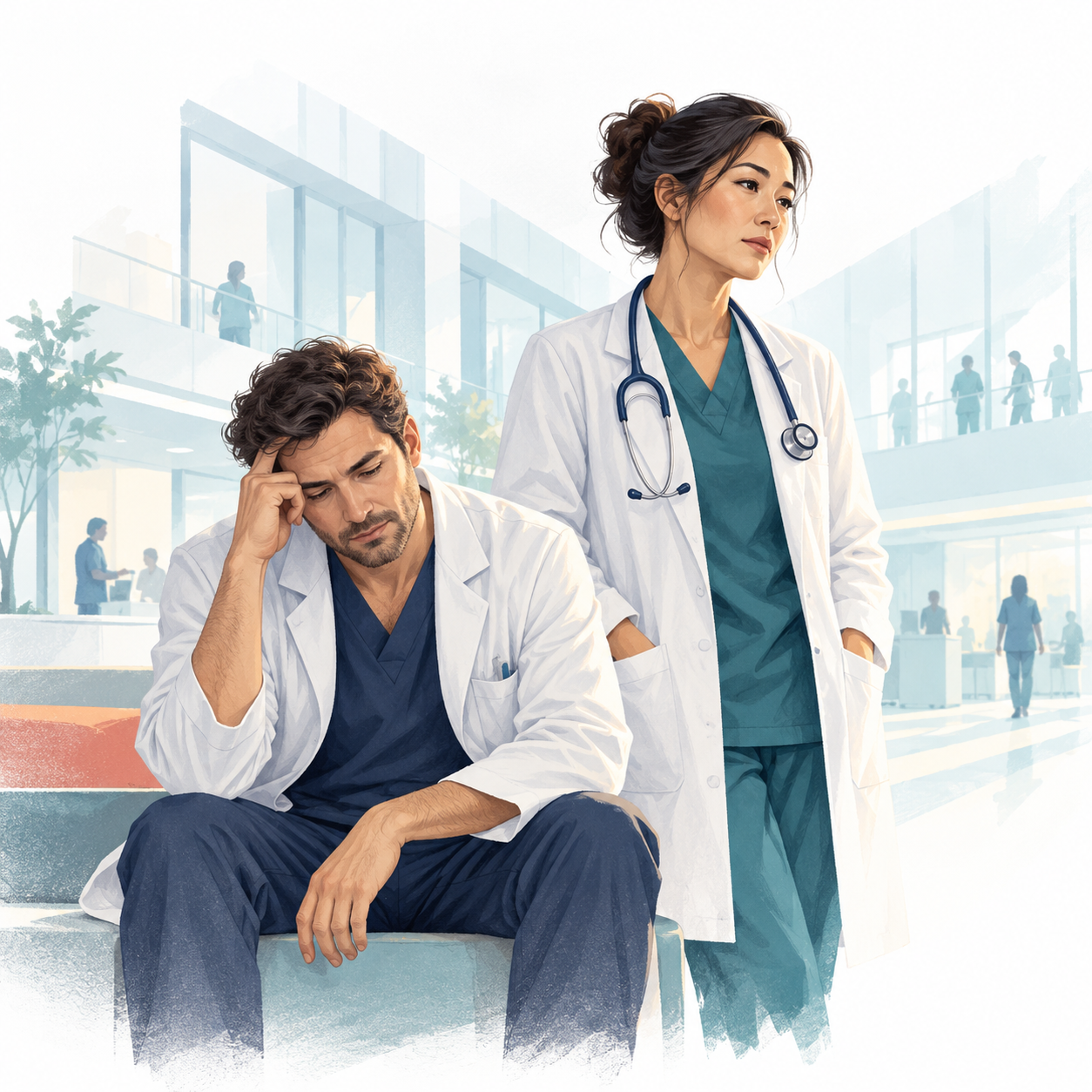 Semi-stylized hospital scene with a fatigued male physician, a fatigued female physician, and a stethoscope